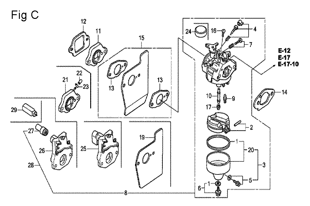 Fig-3 Diagram and Parts List for GCV190A Type A1AF Honda Engine