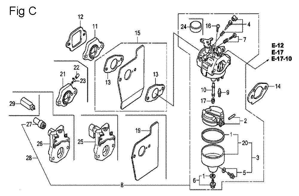 Fig-3 Diagram and Parts List for GCV190A Type N5A Honda Engine