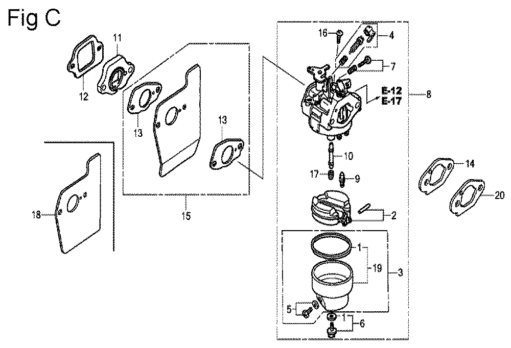 Fig-3 Diagram and Parts List for GSV190A Type A3TE Honda Engine