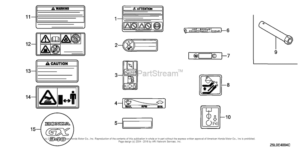 Other Parts (Label/Tool) Diagram and Parts List for GX340U2 (typePKX2)(GCBKK-1000001) Honda Engine