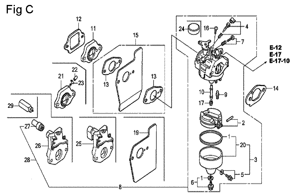 Fig-3 Diagram and Parts List for GCV190A Type E1A2 Honda Engine