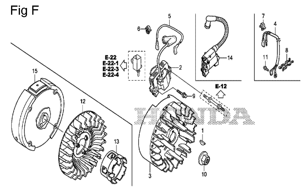 Fig-6 Diagram and Parts List for GS190A Type QBE5 Honda Engine