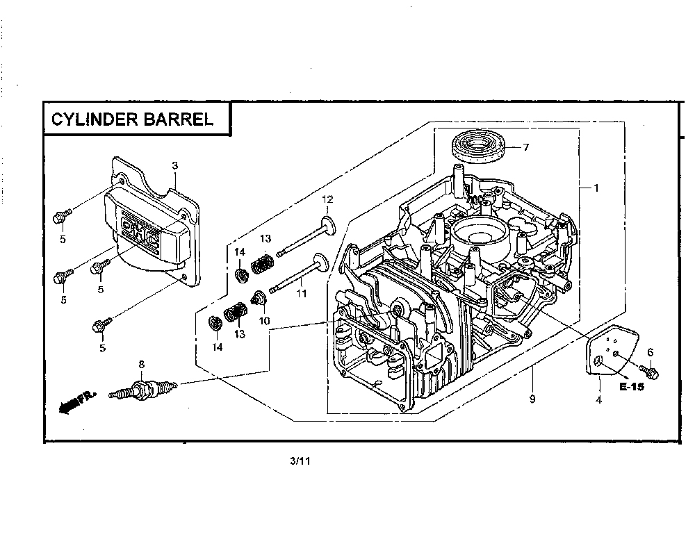 Cylinder barrel Diagram and Parts List for GCV160-LAOS3A  Honda Engine