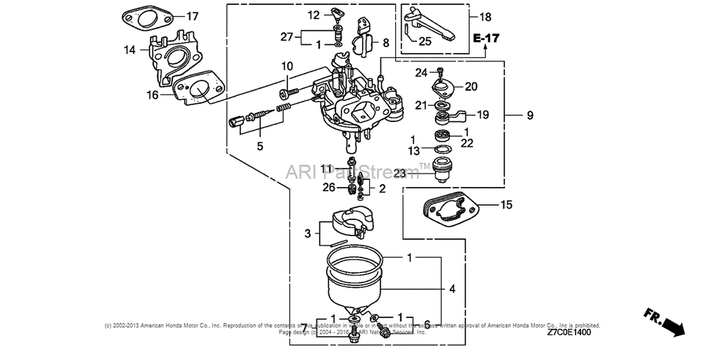 Carburetor Diagram and Parts List for GX270UH (typeQXC9)(GCAGH-0000001) Honda Engine