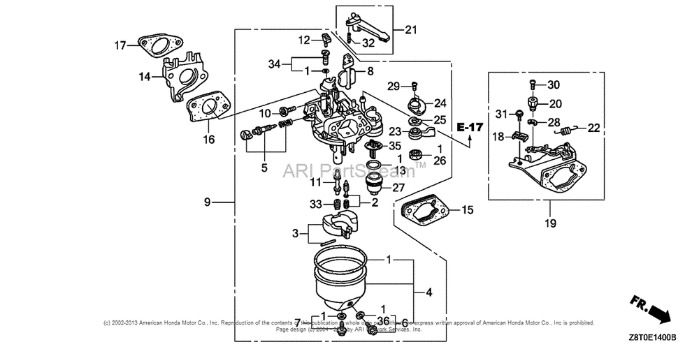 Carburetor (1) Diagram and Parts List for GX340UT2 (typePKT2)(GCBET-1000001) Honda Engine
