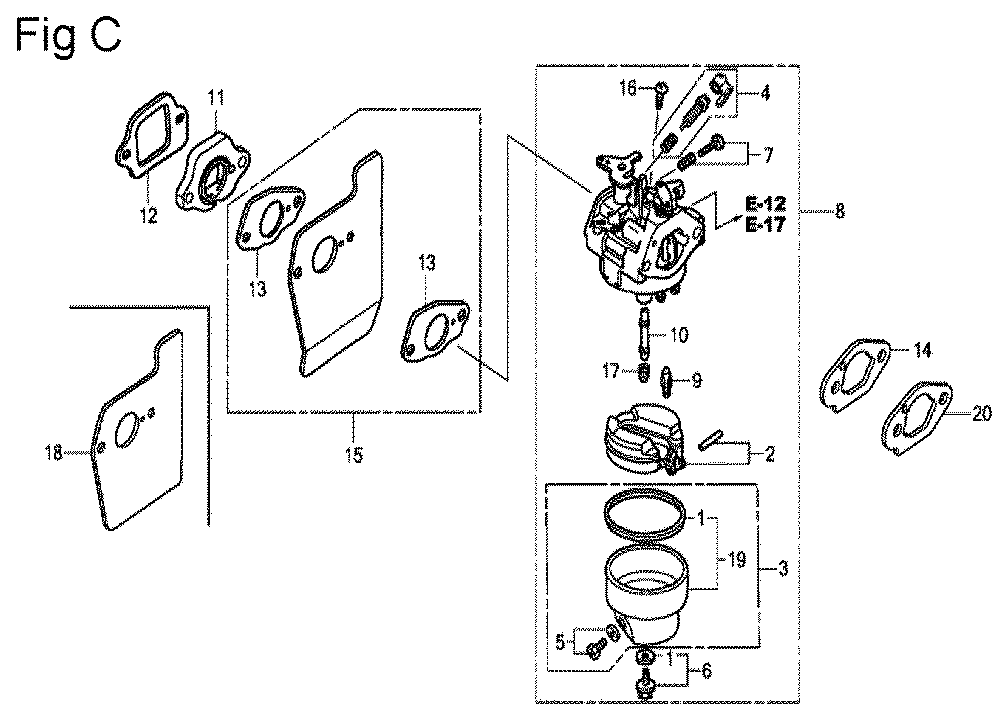 Fig-3 Diagram and Parts List for GSV190A Type N1U Honda Engine