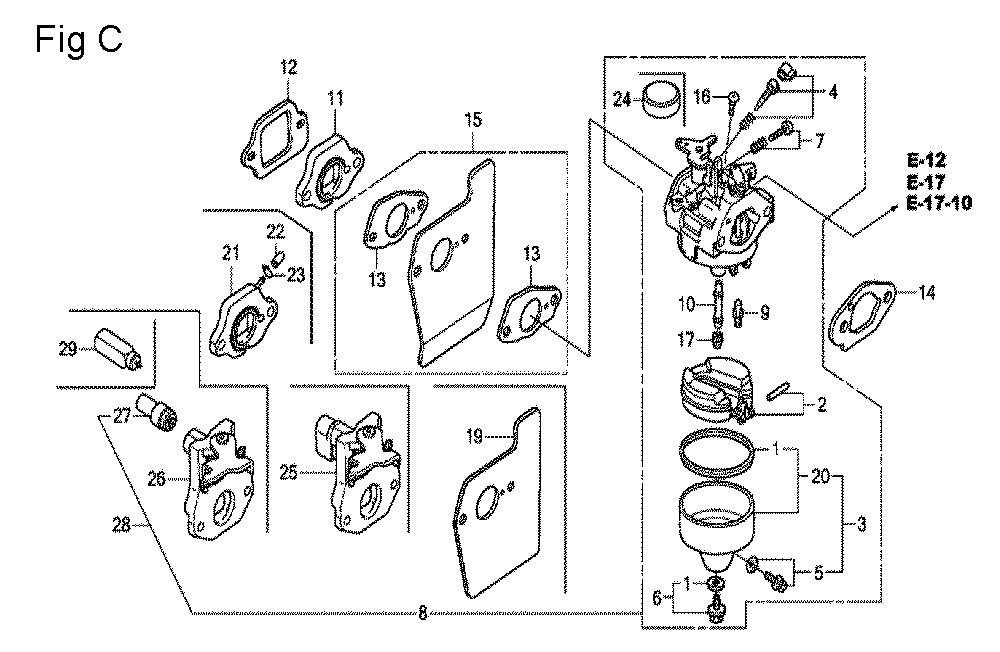 Fig-3 Diagram and Parts List for GCV190A Type S1A Honda Engine