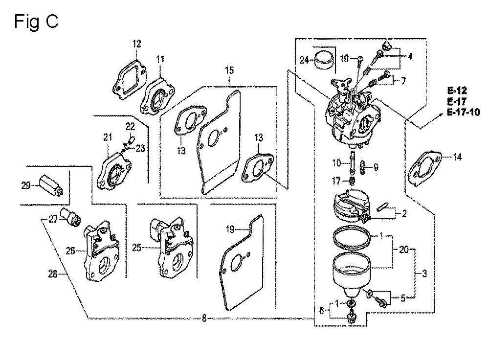 Fig-3 Diagram and Parts List for GCV190A Type BHH Honda Engine