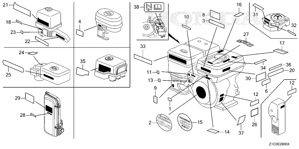 Labels (1) Diagram and Parts List for GX390UT2 (Type  SCC/B)(GCBCT-1000001 - 3485996) Honda Engine
