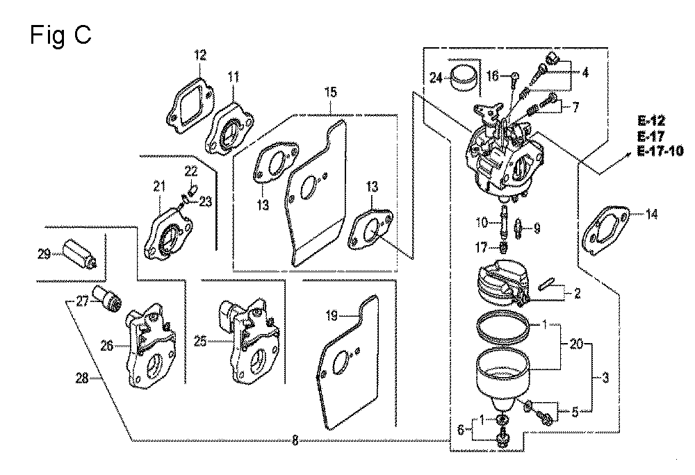 Fig-3 Diagram and Parts List for GCV190A Type R3A Honda Engine