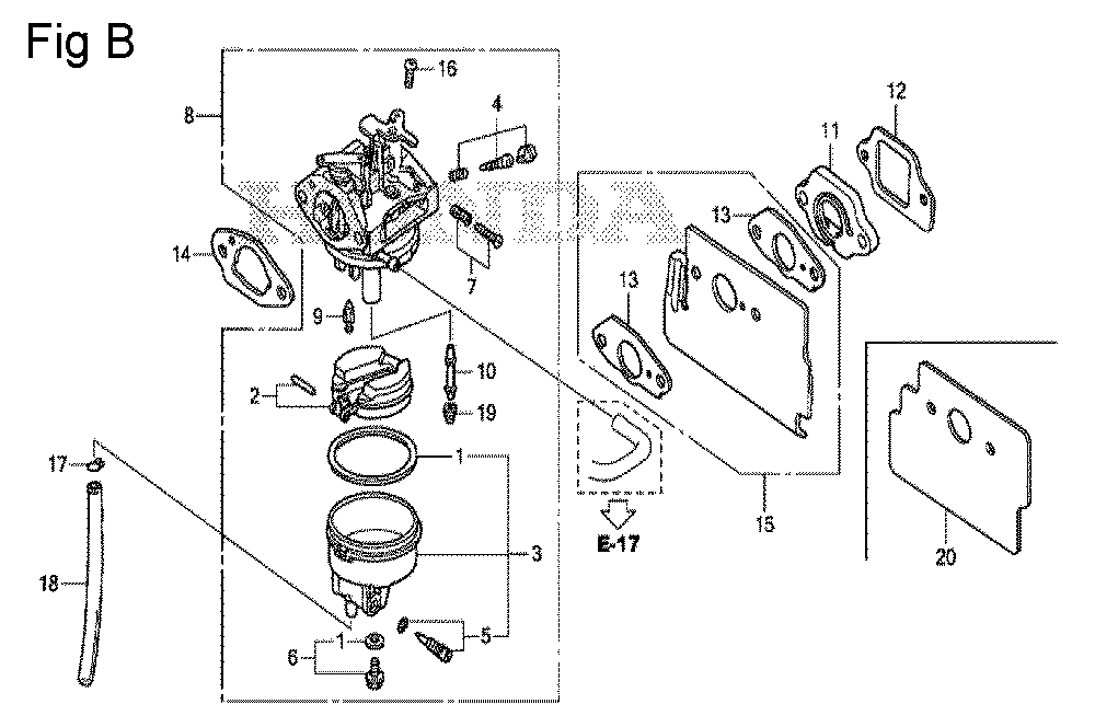 Fig-2 Diagram and Parts List for GS190A Type QBE5 Honda Engine