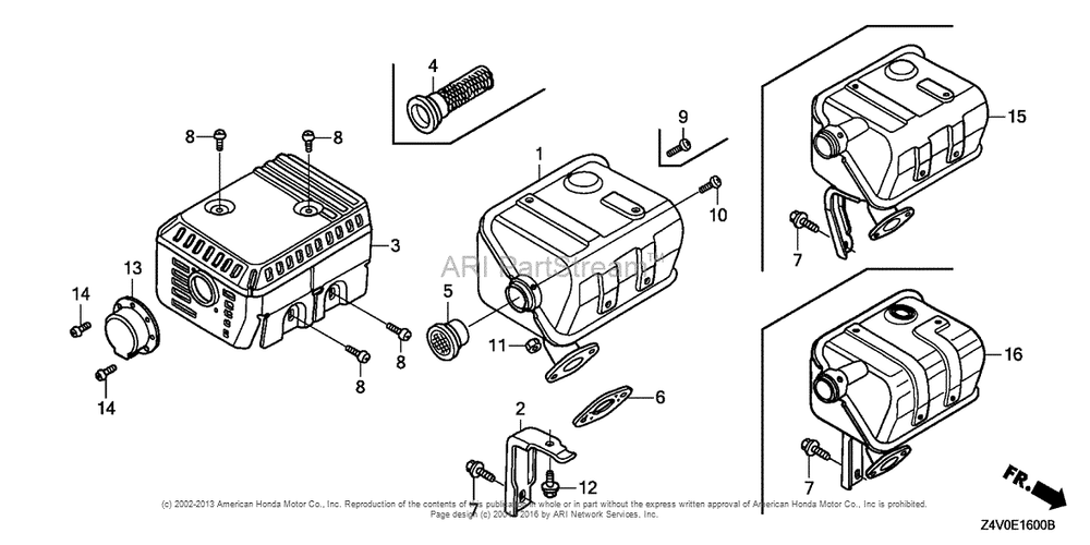 Muffler Diagram and Parts List for GX200UT2 (typePXU)(GCBTT-1000001) Honda Engine
