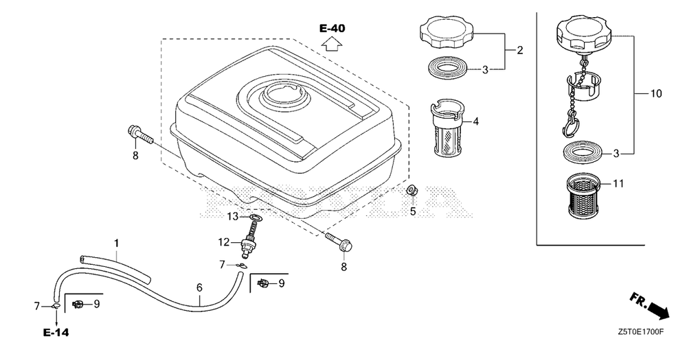 Fuel Tube Diagram and Parts List for GX390RT2 (Type  EZDS/A)(GCBCT-3000001 - 9999999) Honda Engine