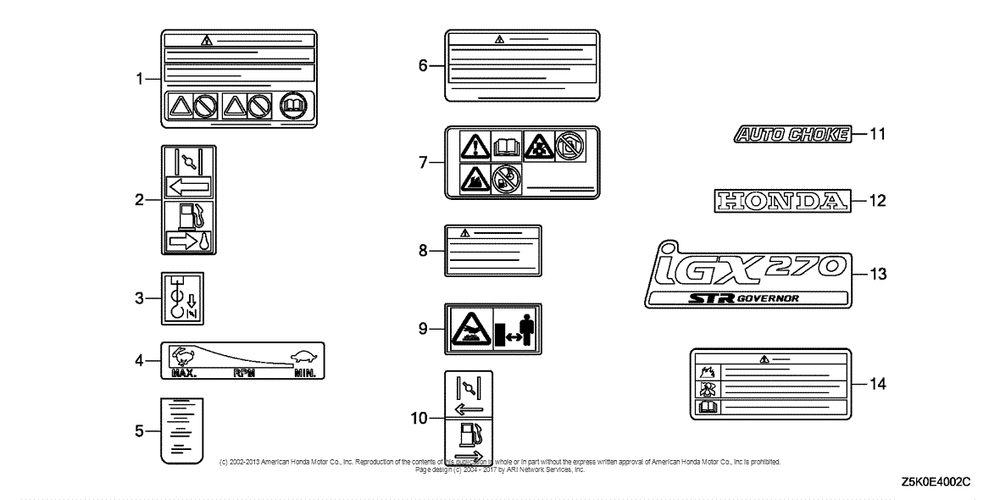 Other Parts (Label) Diagram and Parts List for GX270UT2 (typeSMRB)(GCBGT-1000001) Honda Engine