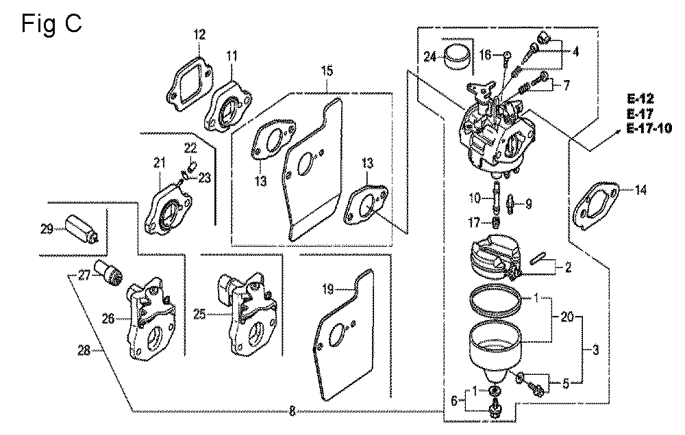 Fig-3 Diagram and Parts List for GCV190A Type S3A Honda Engine