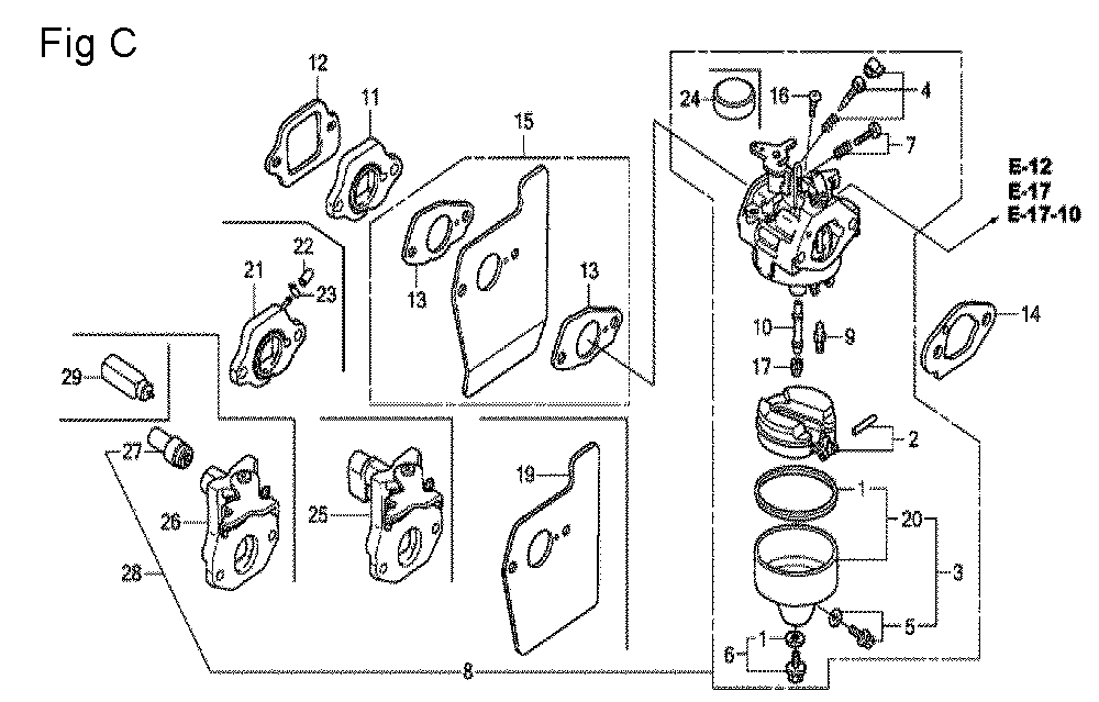 Fig-3 Diagram and Parts List for GCV190A Type N5AF Honda Engine