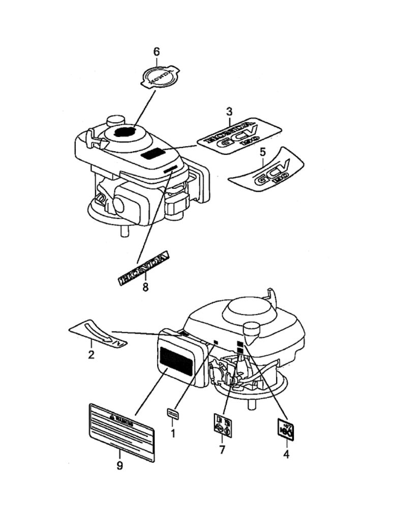 Labels Diagram and Parts List for GCV190-LABHH  Honda Engine