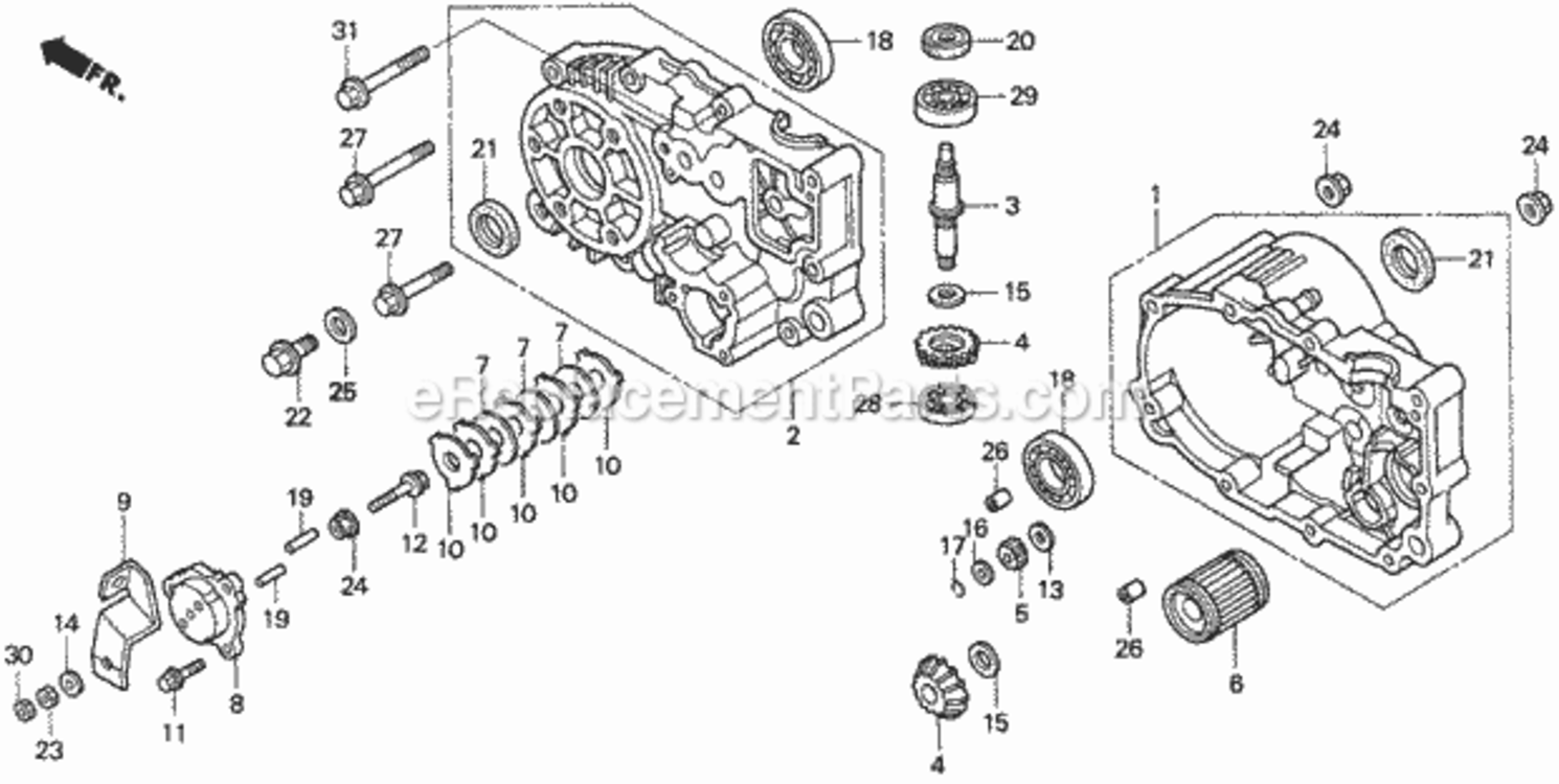 Transmission Case Diagram and Parts List for H2013HK1 Type SDACVIN# MZBF-6100001 Honda Lawn Tractor