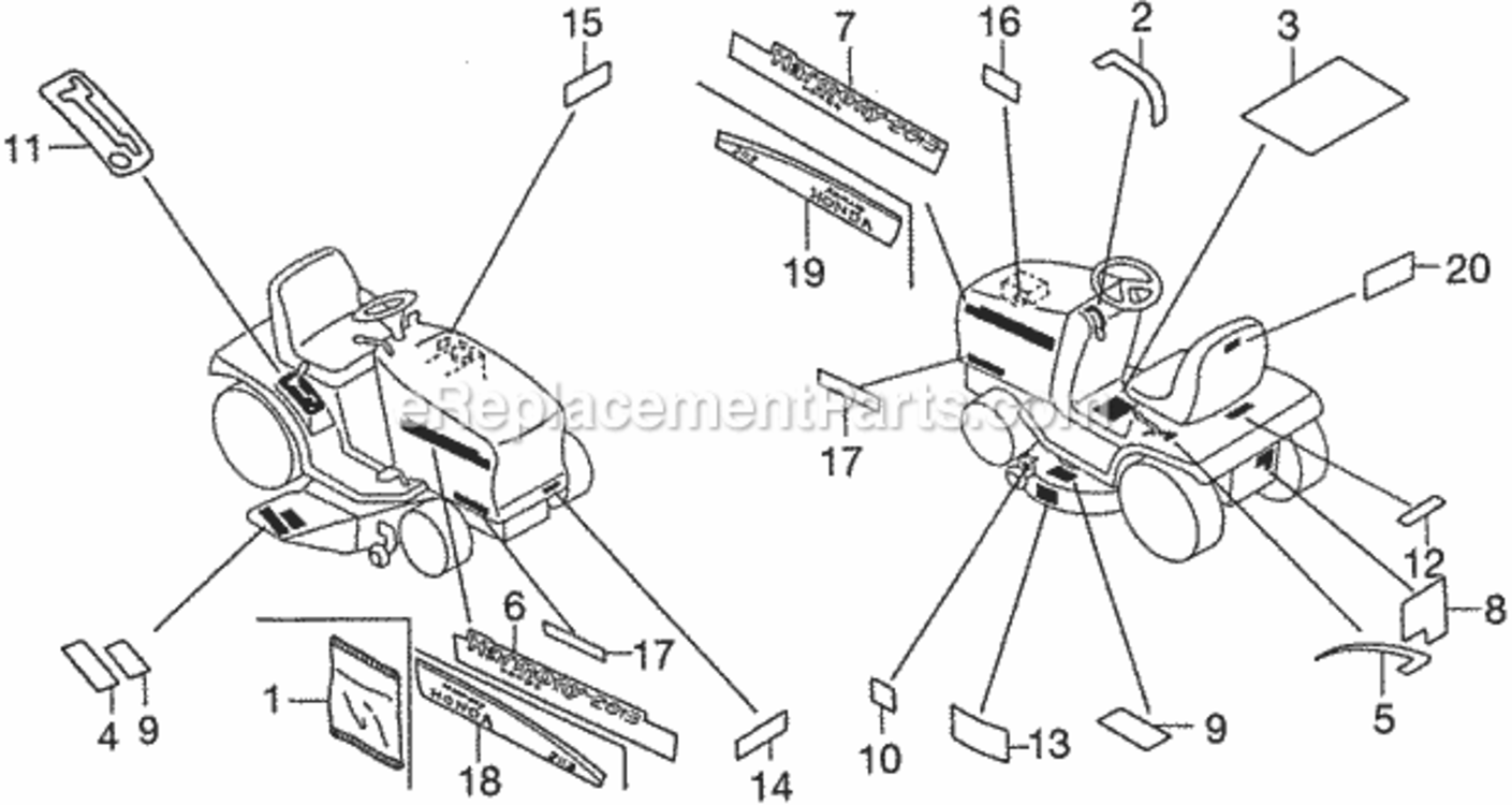 Labels Diagram and Parts List for H2013K1 Type SDACVIN# MZBF-6100001 Honda Lawn Tractor