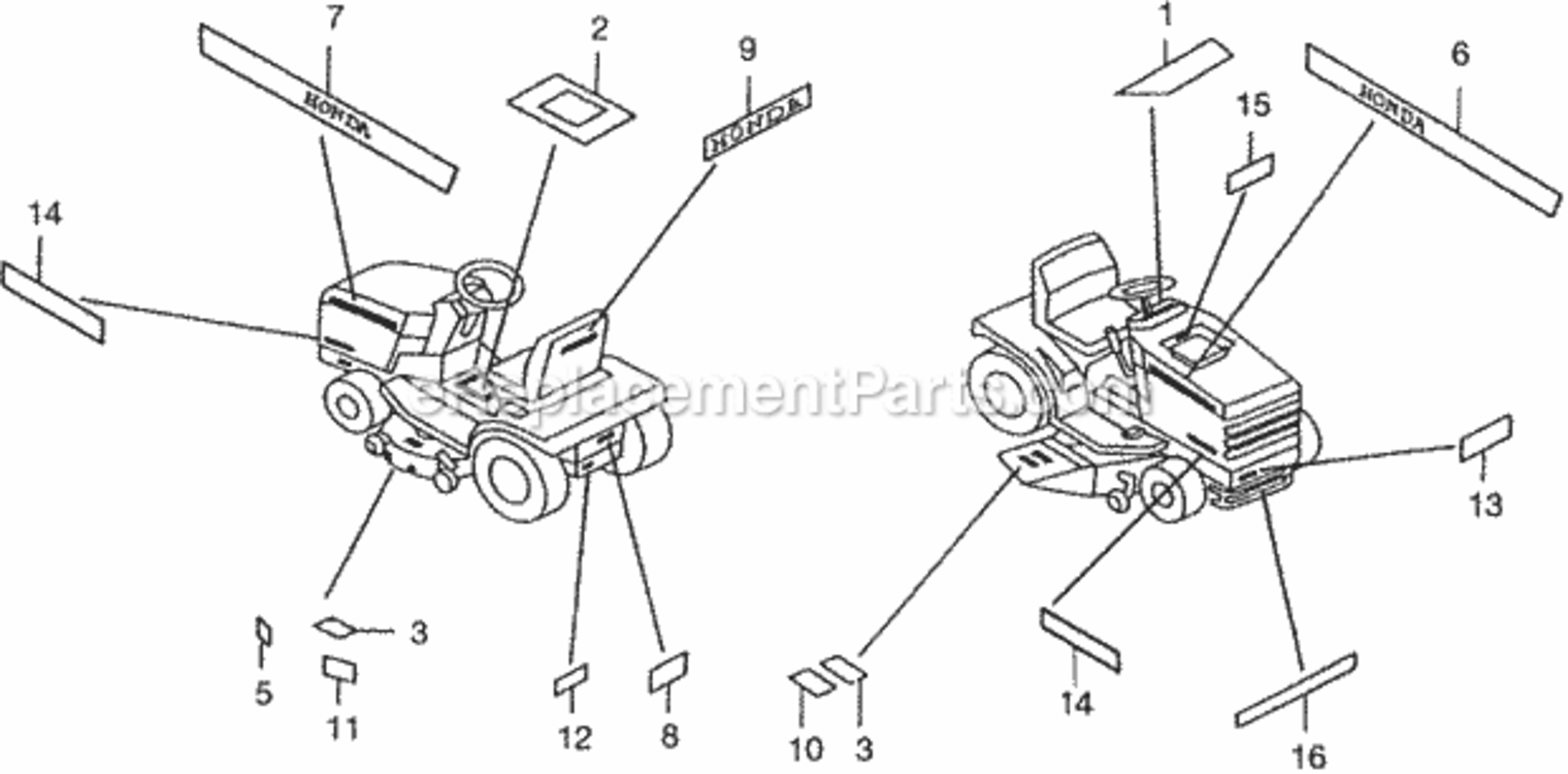 Labels (Frame) Diagram and Parts List for HA4120 Type H48AVIN# MZCJ-6000001 Honda Lawn Tractor