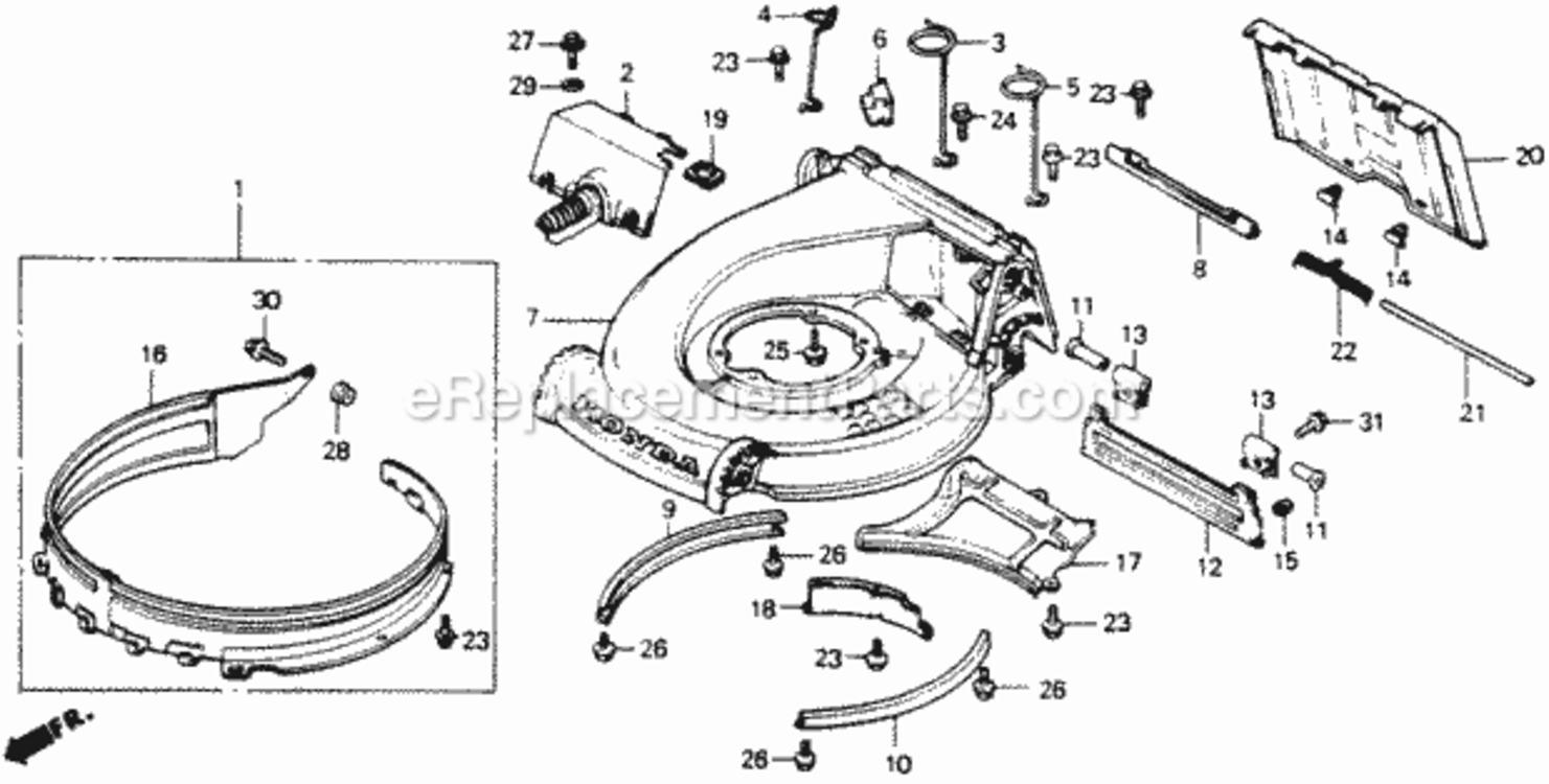 Cutter Housing Diagram and Parts List for HR214 Type PXA#2VIN# HR214-6235981 Honda Lawn Mower