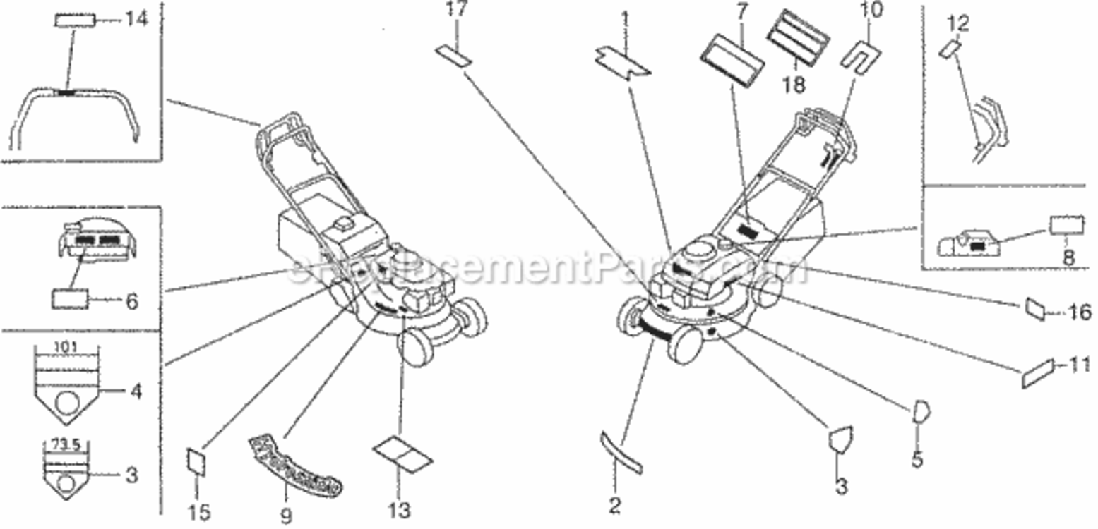 Labels Diagram and Parts List for HR215K1 Type HXAVIN# MZAM-6200001 Honda Lawn Mower