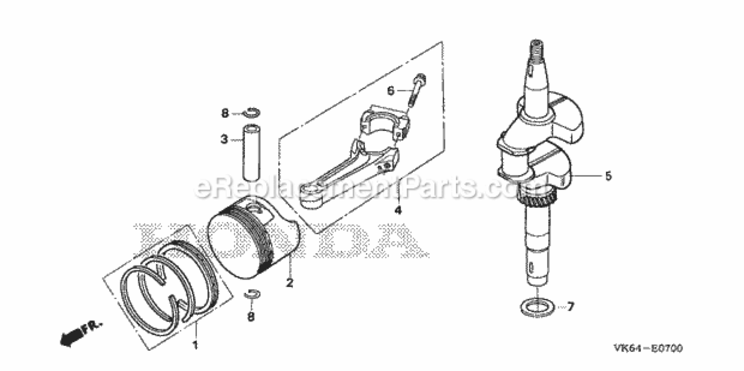 Crankshaft + Piston Diagram and Parts List for HRC216K2 Type HXAVIN# MAKA-1000001 to MAKA-1049999 Honda Lawn Mower