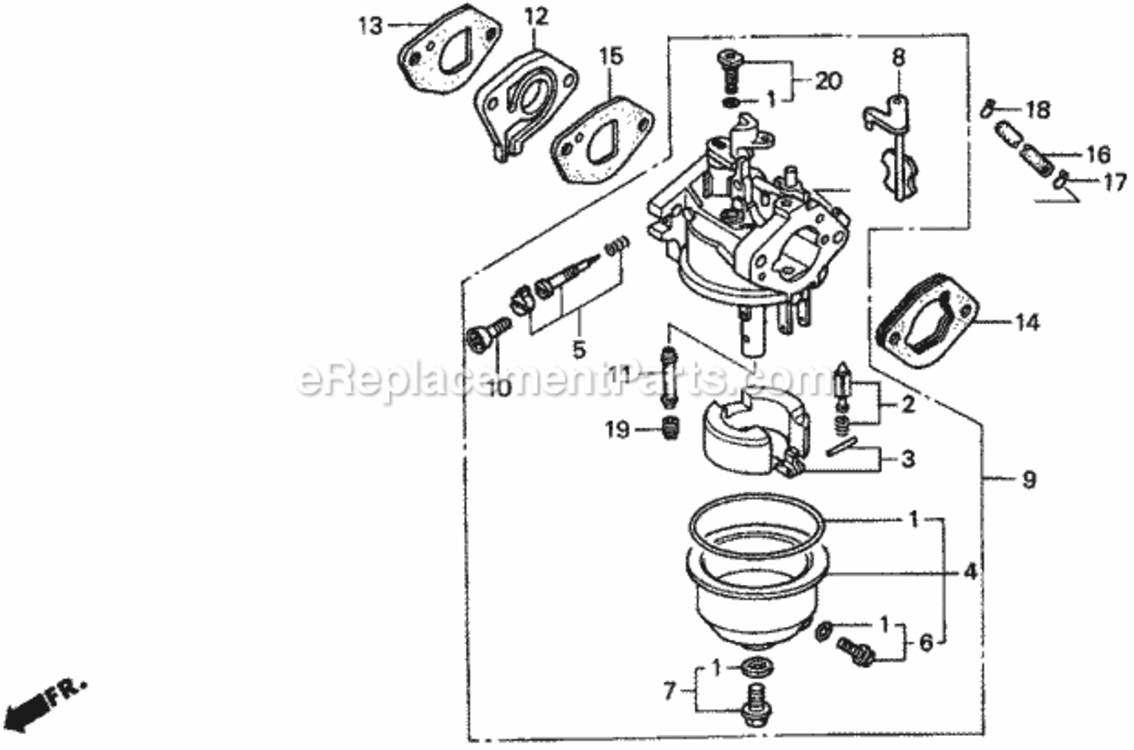Carburetor Diagram and Parts List for HRM195 Type PAVIN# MZBV-6000001 Honda Lawn Mower