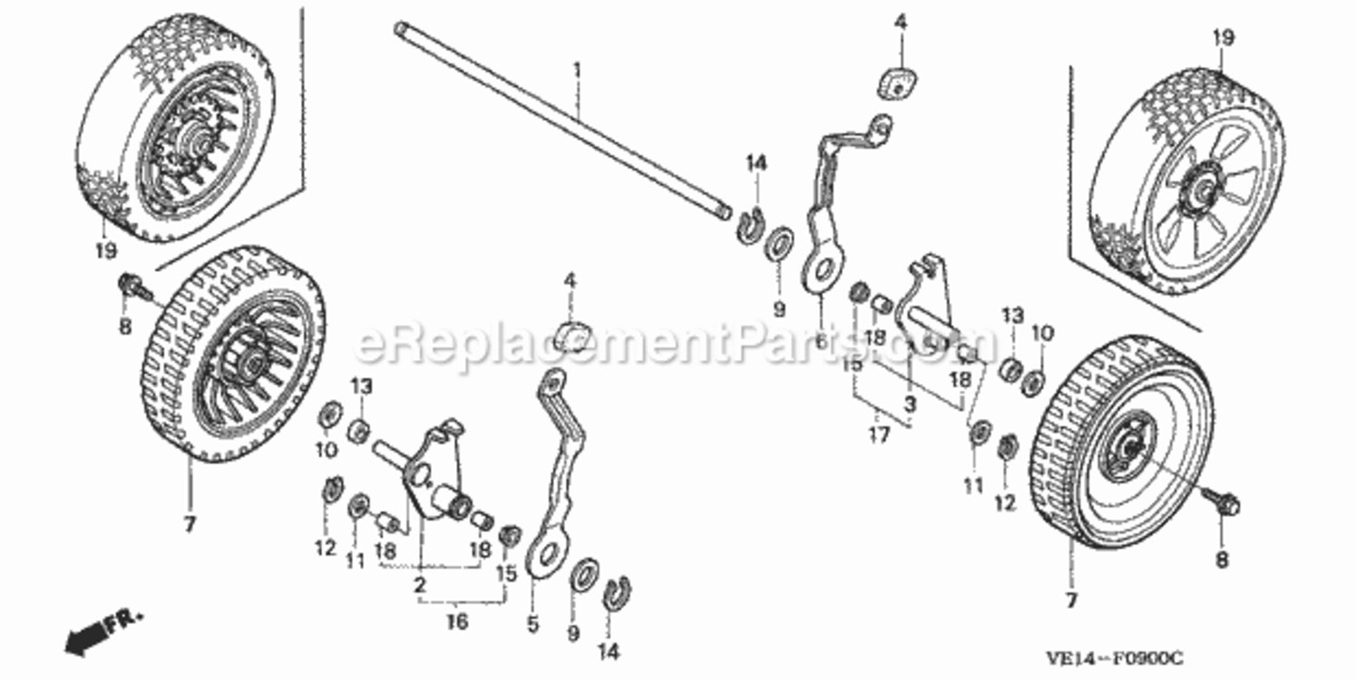 Rear Wheel Diagram and Parts List for HRM215 Type PXAVIN# MZBB-6000001 to MZBB-6199999 Honda Lawn Mower
