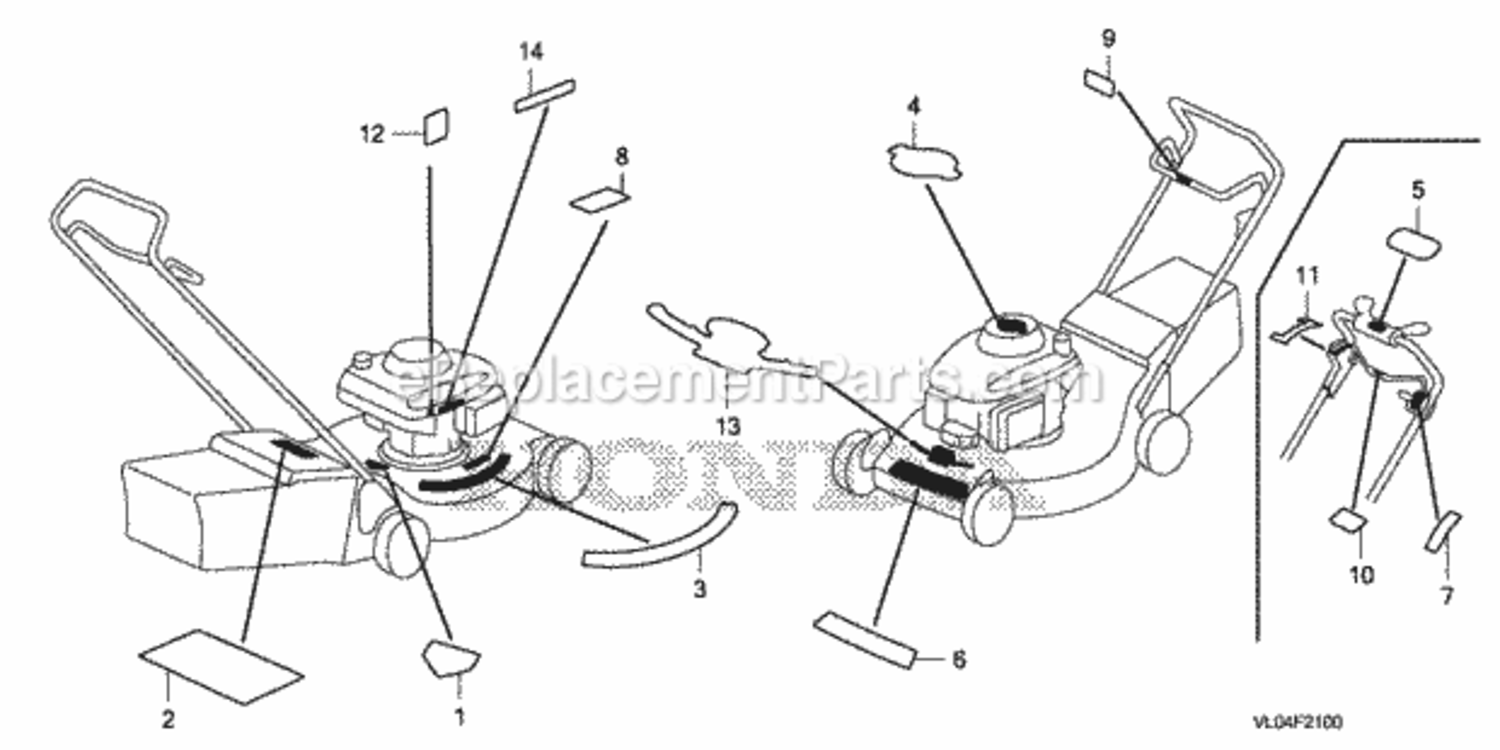 Label Diagram and Parts List for HRR216K7 Type VKAAVIN# MZCG-8200001 Honda Lawn Mower