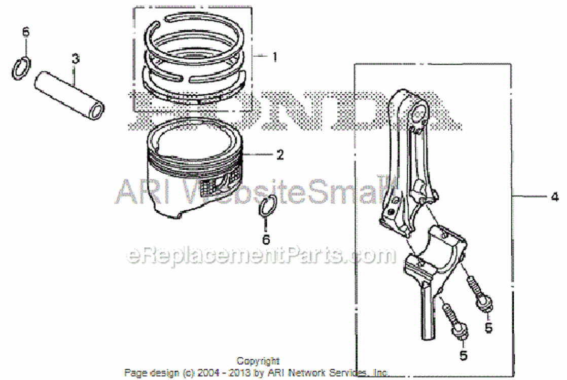 Piston + Connecting Rod Diagram and Parts List for HS520 Type AVIN# SZBG-6000001 to SZBG-6099999 Honda Snow Blower