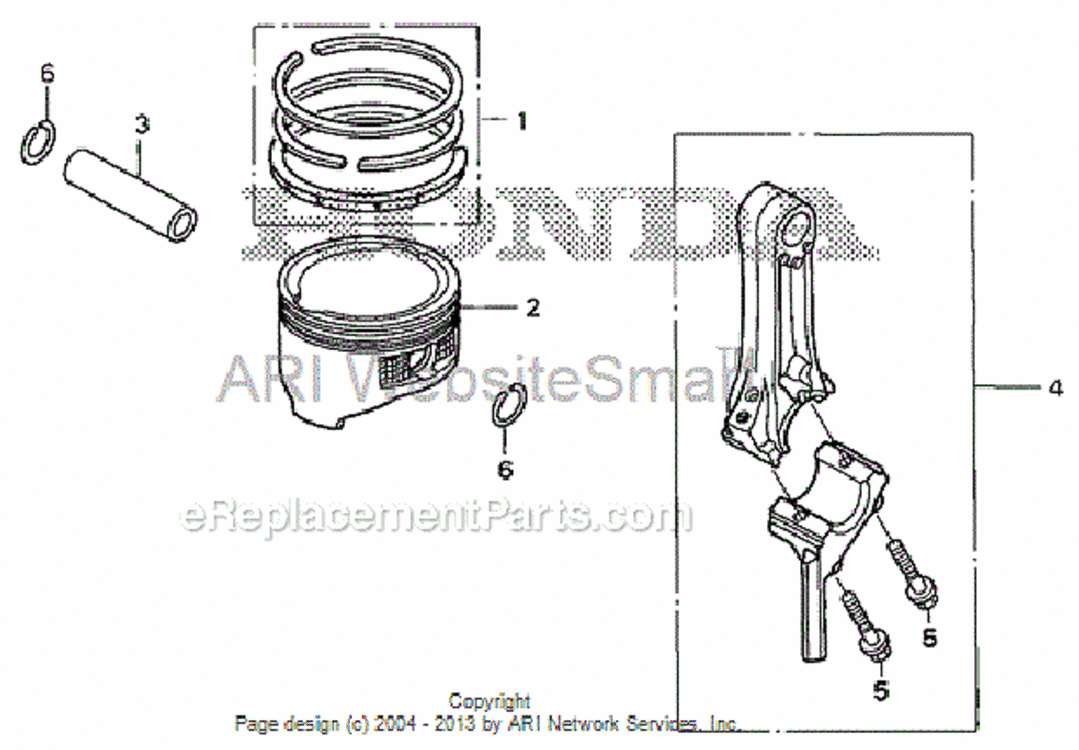 Piston + Connecting Rod Diagram and Parts List for HS520 Type ASVIN# SZBG-6000001 to SZBG-6099999 Honda Snow Blower