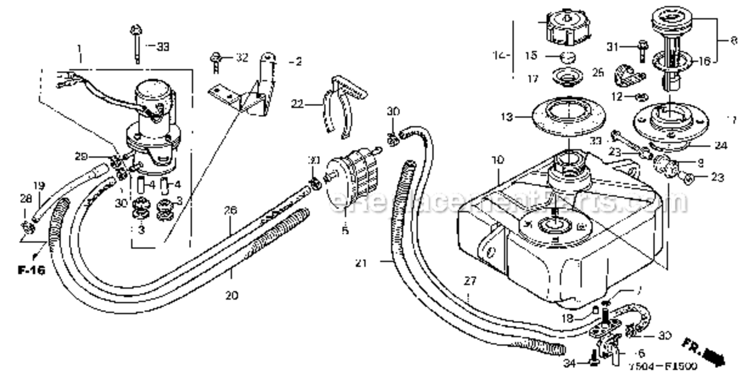 Fuel Tank  Fuel Pump Diagram and Parts List for HT3810K1  Honda Lawn Tractor