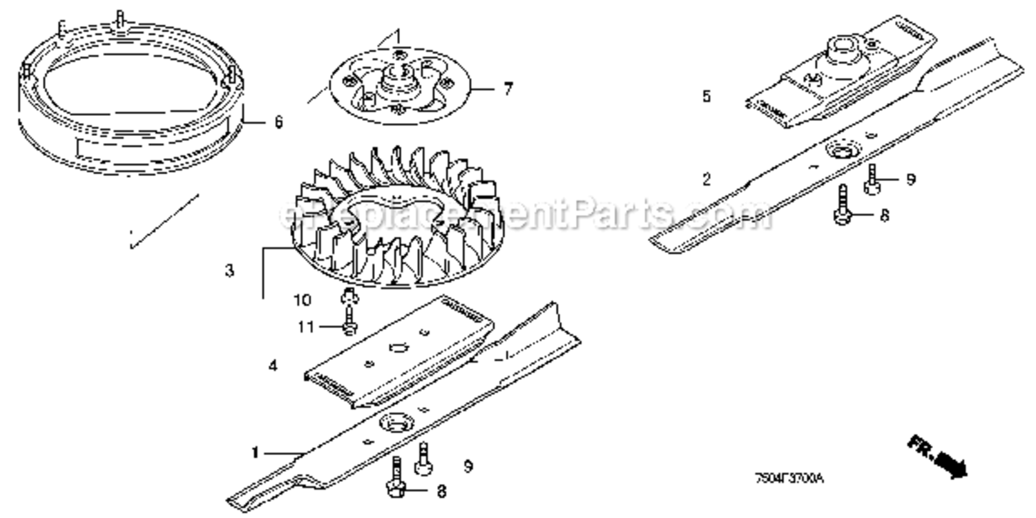 Rotary Blade Diagram and Parts List for HT3810K1  Honda Lawn Tractor