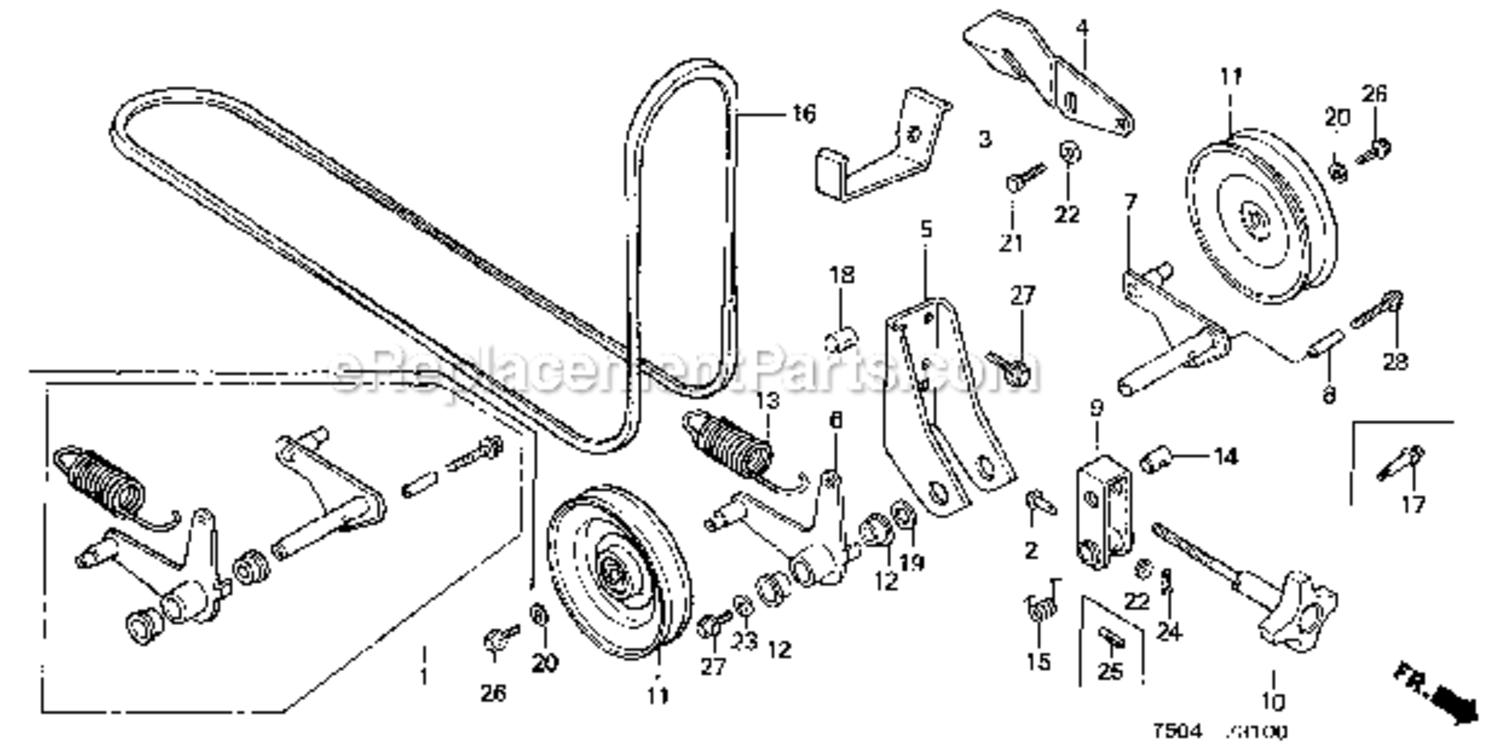 Tensioner Arm  Tensioner Pulley Diagram and Parts List for HT3810K1  Honda Lawn Tractor