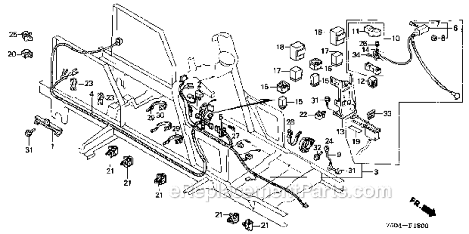 Wire Harness  Starter Cable Diagram and Parts List for HT3810K1  Honda Lawn Tractor