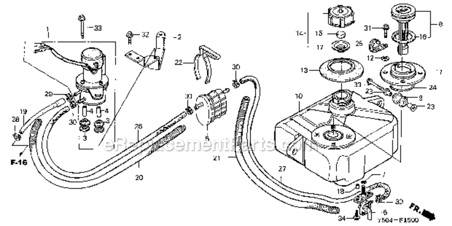 Fuel Tank  Fuel Pump Diagram and Parts List for HT3810  Honda Lawn Tractor