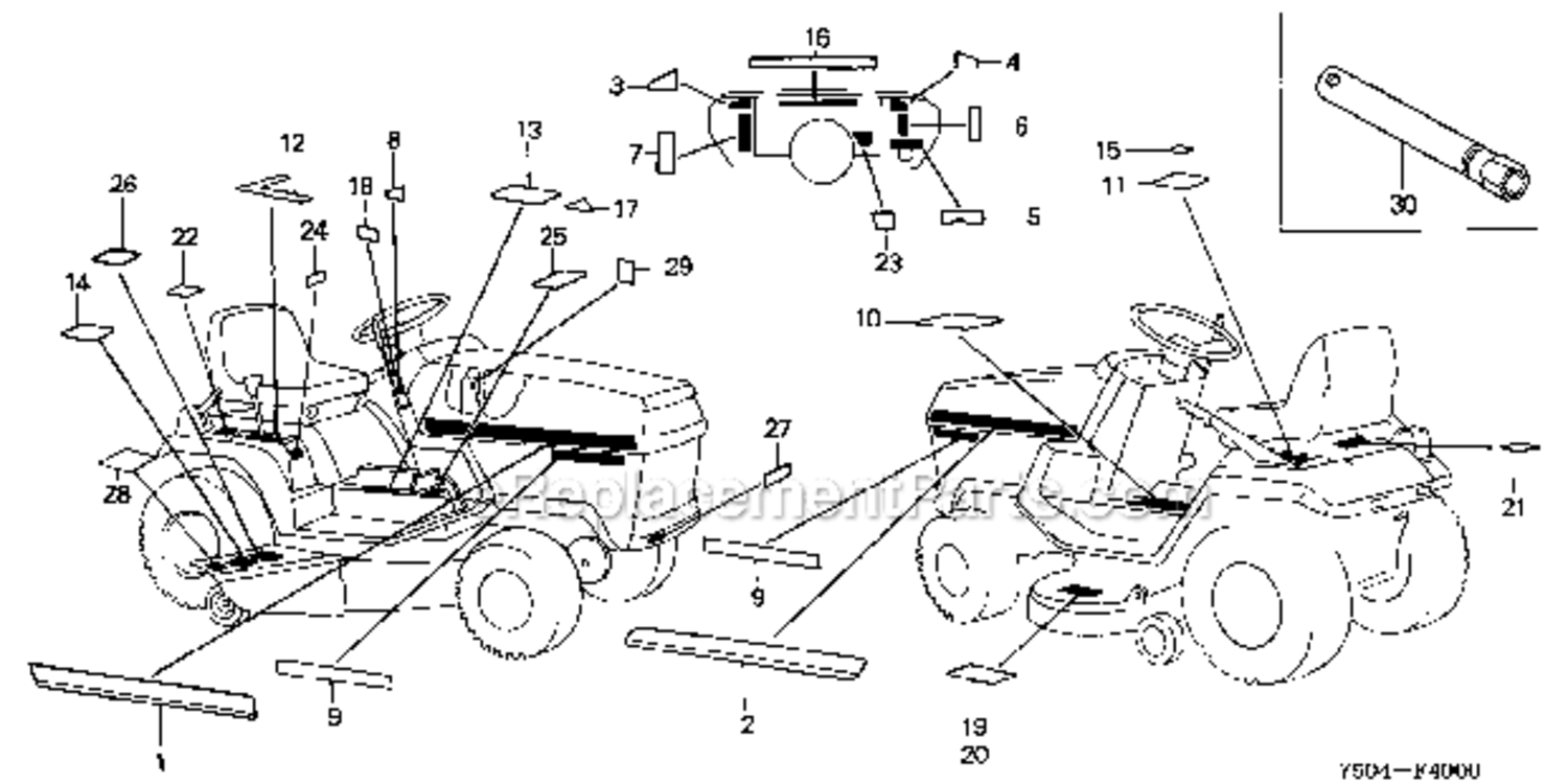 Labels Diagram and Parts List for HT3810  Honda Lawn Tractor