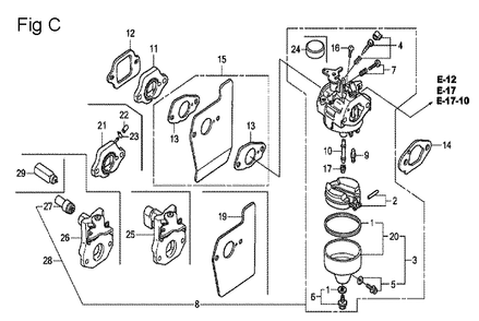 Fig-3 Diagram and Parts List for GCV190A Type R1A Honda Engine