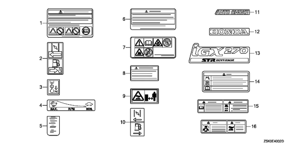 Other Parts (Label) Diagram and Parts List for GX270UT2 (Type  PAE2/A)(GCBGT-2000001 - 2258490) Honda Engine