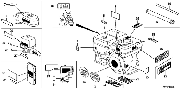 Label Diagram and Parts List for GX390UT2 (Type  QAE2/A)(GCBCT-3000001 - 9999999) Honda Engine