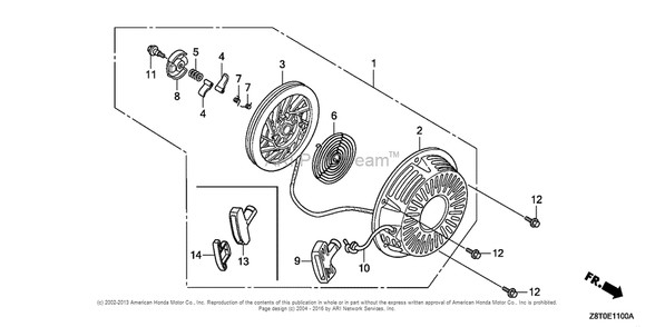 Recoil Starter (1) Diagram and Parts List for GX340UT2 (typePKT2)(GCBET-1000001) Honda Engine