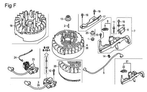 Fig-6 Diagram and Parts List for GCV190A Type E1A2 Honda Engine