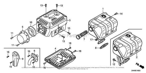 Muffler (4) Diagram and Parts List for GX120UT2 (typePX2)(GCBMT-1000001) Honda Engine