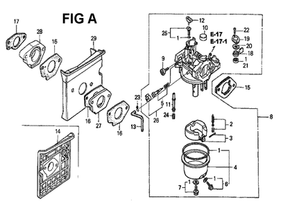 Fig-7 Diagram and Parts List for GXV340K2 Type DCA Honda Engine