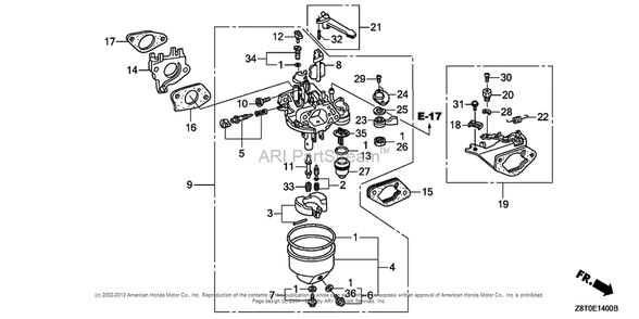 Carburetor (1) Diagram and Parts List for GX340UT2 (typePKT2)(GCBET-1000001) Honda Engine