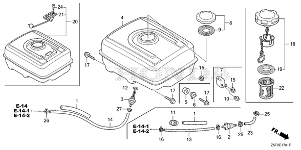 Fuel Tank (1) Diagram and Parts List for GX390UT2 (Type  LX2/A)(GCBCT-3000001 - 3485996) Honda Engine