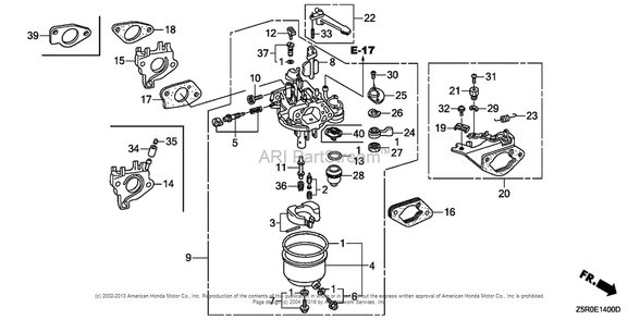 Carburetor (1) Diagram and Parts List for GX390U2 (typeSXE4)(GCBHK-1000001) Honda Engine