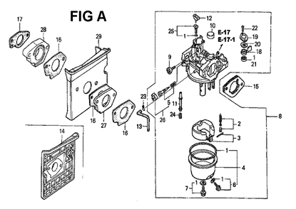 Fig-4 Diagram and Parts List for GXV340K2 Type DCA Honda Engine