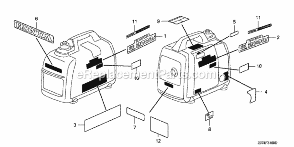 Labels Diagram and Parts List for EU2000IK1 AC2 Honda Generator